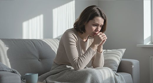 Мужчина в депрессии сидит, смотря вниз